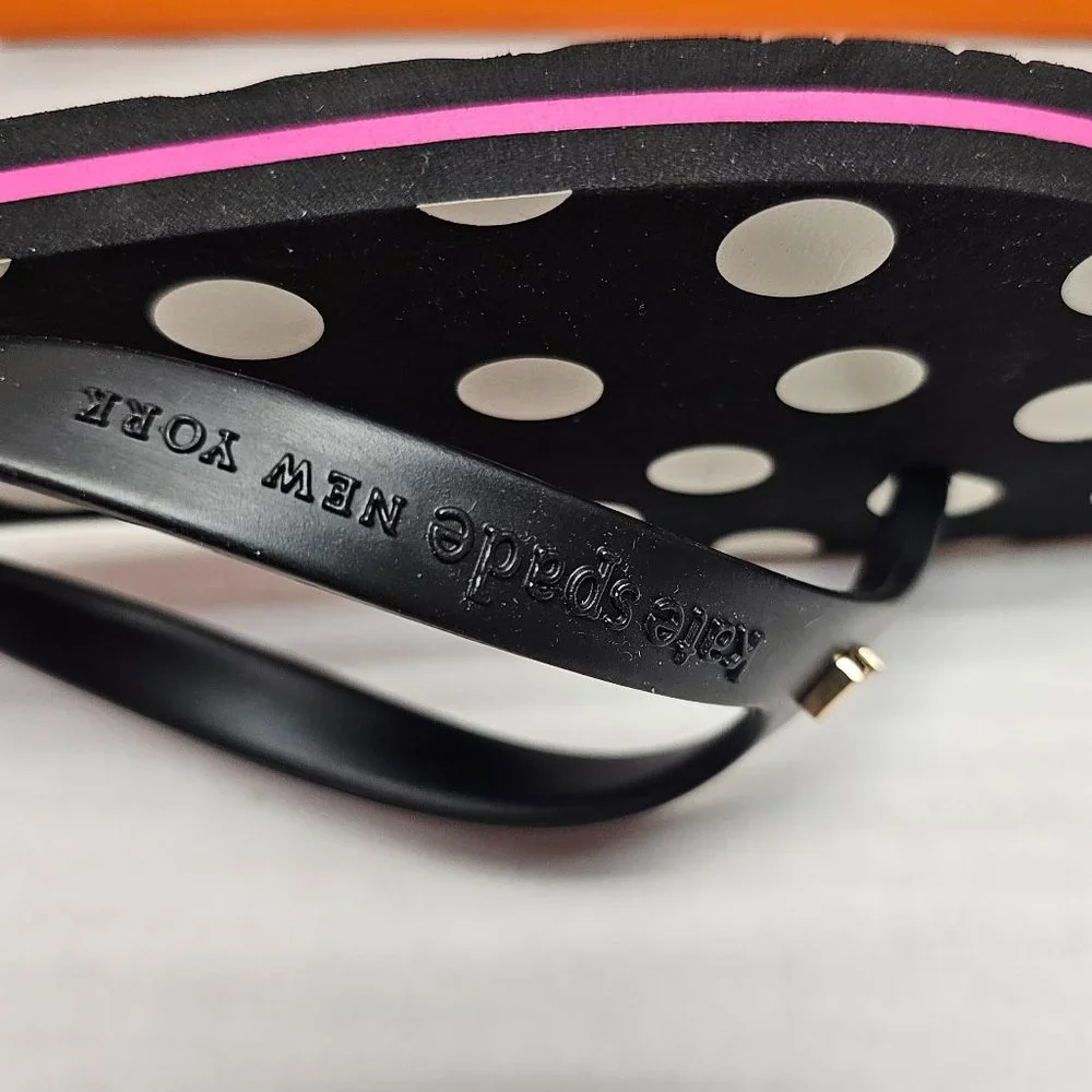 New Kate Spade New York Black White Polka Dot Flip Flops Pink Stripe Sandals 9 M